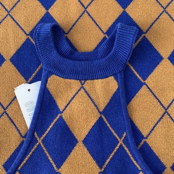 Urban Outfitters Argyle Halter RacerBack Sweater Dress Blue Mustard Yellow - Picture 12 of 12